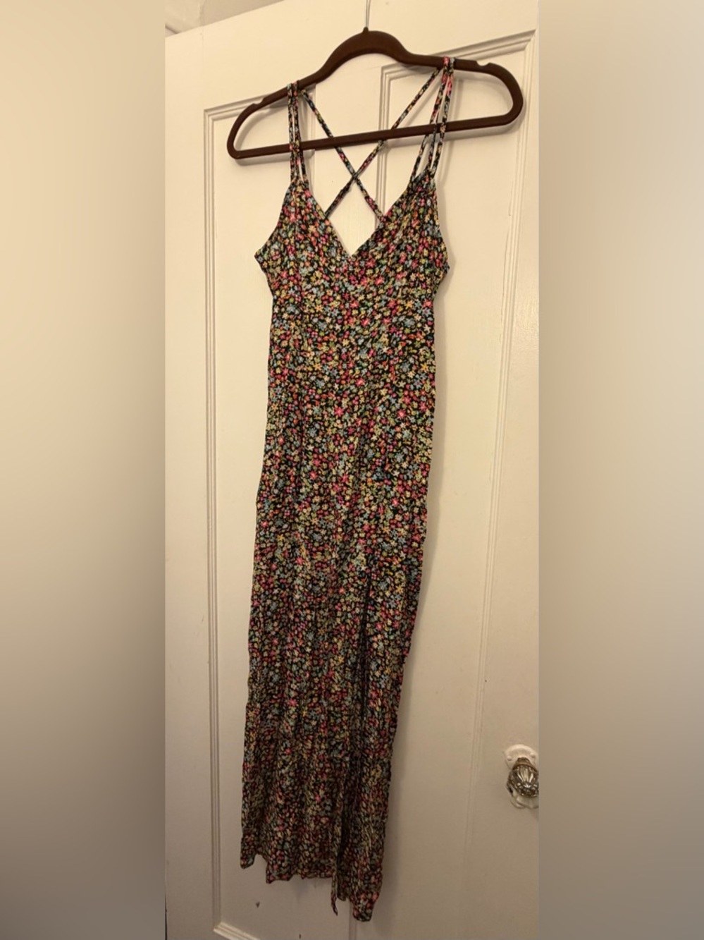 Zara Black Floral Smocked dress with Pink, Yellow, Blue & Green Details